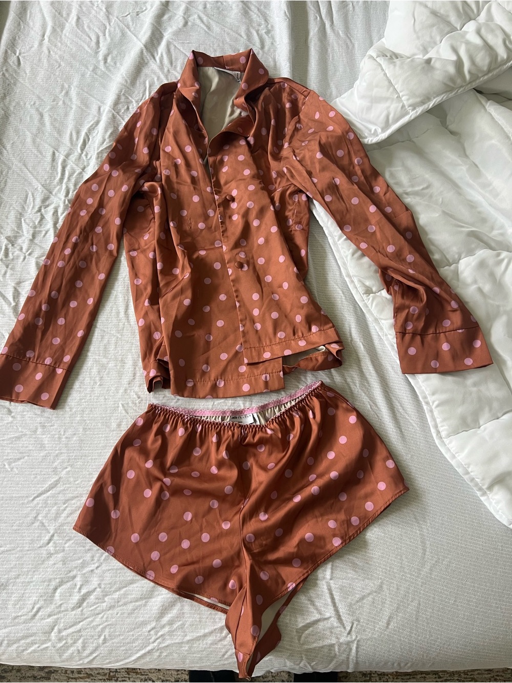 ASOS Polka Dot Satin Sleep Shirt & Short Set Rust Orange with Pink Dots SIZE XS